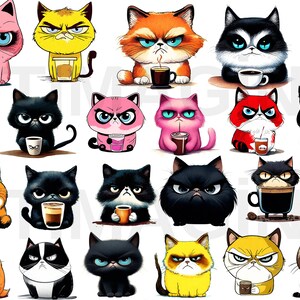 34 Grumpy Coffee Cat Clipart SVG , High Quality Transparent PNG,Instant Download,Commercial Use ,Morning Mood Pets,Funny Cats art printables