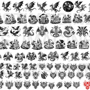 Paquete SVG de dragón / Archivos de corte de dragón para Cricut y Silhouette / Imágenes prediseñadas de criaturas míticas / Archivos SVG PNG de dragón de fantasía