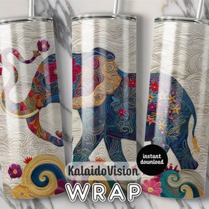 Embroidered Elephant 20 oz Skinny Tumbler Sublimation Design Digital Download PNG DIGITAL ONLY Embroidery Mandala Elephant Tumbler Wrap