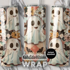 Retro Halloween Tumbler Wrap PNG 20oz Skinny Tumbler Sublimation Checkered Ghost Tumbler PNG Spooky Season Tumbler Pastel Halloween Autumn