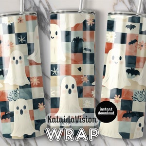 Retro Halloween Tumbler Wrap PNG 20oz Skinny Tumbler Sublimation Checkered Ghost Tumbler PNG Spooky Season Tumbler Pastel Halloween Autumn