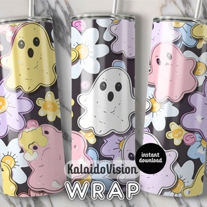 Retro Halloween Tumbler Wrap PNG 20oz Skinny Tumbler Sublimation Checkered Ghost Tumbler PNG Spooky Season Tumbler Pastel Halloween Autumn