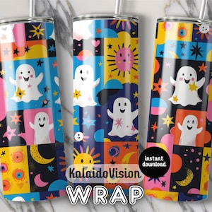 Retro Halloween Tumbler Wrap PNG 20oz Skinny Tumbler Sublimation Checkered Ghost Tumbler PNG Spooky Season Tumbler Pastel Halloween Autumn