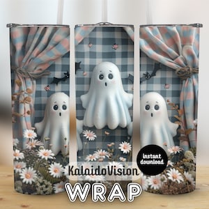 Retro Halloween Tumbler Wrap PNG 20oz Skinny Tumbler Sublimation Checkered Ghost Tumbler PNG Spooky Season Tumbler Pastel Halloween Autumn