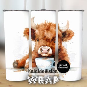 Jolie vache Highland avec du café 20 oz pour gobelet en téléchargement numérique PNG Adorable vache art pour les amateurs de café, parfait pour la sublimation de verre