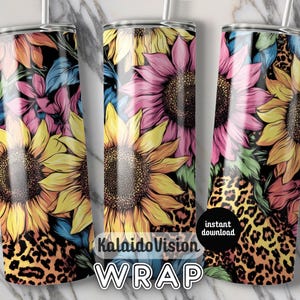 Sunflower Leopard Print 20oz Tumbler Wrap Digital Download PNG Colorful Floral Design for Custom Drinkware DIY Craft Projects