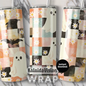 Retro Halloween Tumbler Wrap PNG 20oz Skinny Tumbler Sublimation Checkered Ghost Tumbler PNG Spooky Season Tumbler Pastel Halloween Autumn
