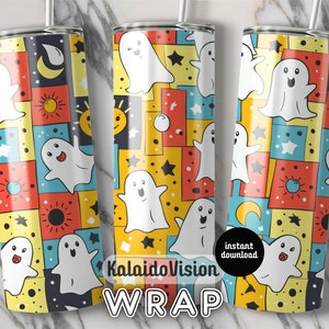 Retro Halloween Tumbler Wrap PNG 20oz Skinny Tumbler Sublimation Checkered Ghost Tumbler PNG Spooky Season Tumbler Pastel Halloween Autumn