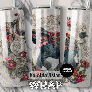 Embroidered Elephant 20 oz Skinny Tumbler Sublimation Design Digital Download PNG DIGITAL ONLY Embroidery Mandala Elephant Tumbler Wrap