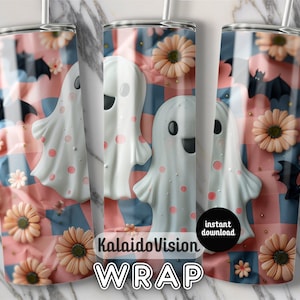 Retro Halloween Tumbler Wrap PNG 20oz Skinny Tumbler Sublimation Checkered Ghost Tumbler PNG Spooky Season Tumbler Pastel Halloween Autumn