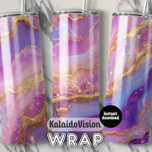 Stunning 20oz Tumbler Wrap Digital Art Gold Glitter Waves Purple Marbled Background PNG Perfect for Gifts and DIY Projects