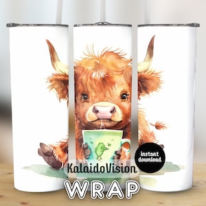 Adorable Highland Cow Holding Mug 20oz Tumbler Wrap Digital Download Cute Watercolor Art PNG Perfect Gift Idea for Animal Lovers