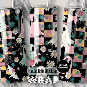 Retro Halloween Tumbler Wrap PNG 20oz Skinny Tumbler Sublimation Checkered Ghost Tumbler PNG Spooky Season Tumbler Pastel Halloween Autumn