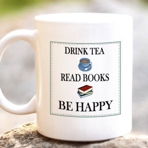 Cute mug reading books tea happy