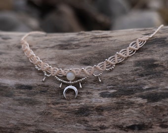 Moonstone Macrame Choker 'LUNA' Necklace | Handmade, Adjustable Length, Silver, Cream, Beige, Subtle Braided