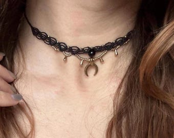 Macrame Choker Moon Onyx 'LUNA' Macrame black | handmade, adjustable length, silver, moon, crescent moon, lunula, witch witchy