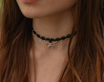 Black macrame choker 'LUNA' onyx | handmade, adjustable length, silver, moon, crescent moon, braided