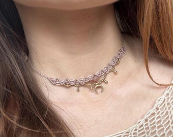 Moonstone macrame choker 'LUNA' necklace | handmade, adjustable length, gold, old pink, subtle moon lunula