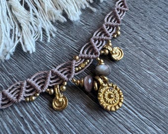 Macrame choker moonstone dusty rose boho | Gypsy handmade festival raw brass