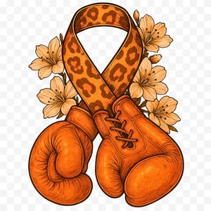 May include: An illustration featuring orange boxing gloves crossed beneath a ribbon with a leopard print design. The ribbon is intertwined with light orange flowers. The image has a vintage, hand-drawn style.