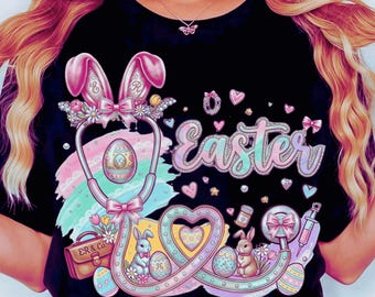 Easter Nurse Pediatric Coquette PNG, Stethoscope Bunny Ears Brushstroke Sublimation Design
