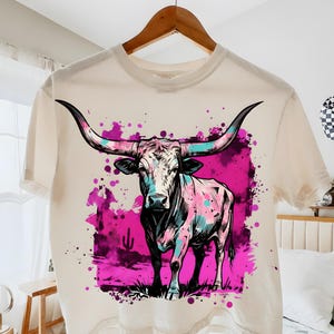 Roze Western Longhorn Bull Cowboy T-shirt Graphics Rodeo Shirt pittig ontwerp PNG SVG-sublimatie