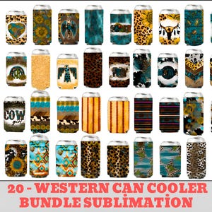 May include: A set of 20 sublimation designs for can coolers featuring a variety of western themes, including leopard print, turquoise, sunflowers, and cowgirl designs. The designs are perfect for creating personalized can coolers for parties, events, or gifts.