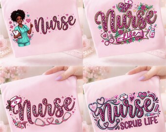 Coquette Nurse Scrub 4 PNG Pink Leopard Script Life Shirt Design Sublimation Aesthetic BUNDLE