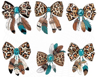May include: Six decorative bows with a leopard print pattern. Each bow features a turquoise gem center and dangling feathers in shades of brown, white, and teal. The bows are arranged on a white background.