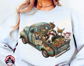 Farm Animals Truck Watercolor PNG Farmer Design Clipart Sublimation Graphics Digital Download