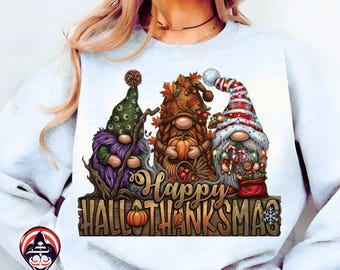 Happy Hallothanksmas Seasonal PNG Gnomes Halloween Thanksgiving Christmas Sublimation Design Download