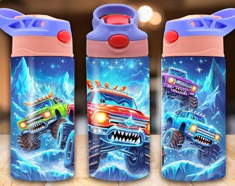 Tazza con beccuccio ribaltabile Monster Truck da 12 once per bambini, tazza con beccuccio ribaltabile da 12 once, stampa a sublimazione con 108 PNG GRATUITI, design per tazza con camion per bambini