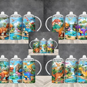 May include: Set of three 20 oz stainless steel tumblers with dinosaur designs. Each tumbler features a different dinosaur with a blue, green, and orange color scheme. The tumblers have clear lids and a straw.