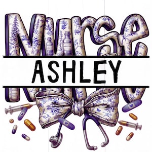 Personalized Nurse Chinoiserie Coquette Bow PNG, Blue Willow Nursing Sublimation, Aesthetic PNG