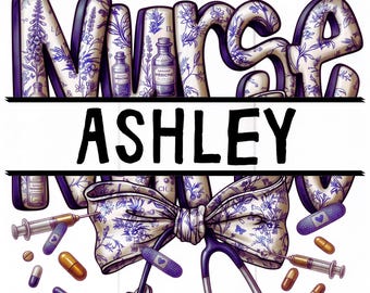 Personalized Nurse Chinoiserie Coquette Bow PNG, Blue Willow Nursing Sublimation, Aesthetic PNG