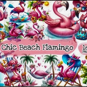 16 Clipart flamant rose de plage chic, oiseau lunatique PNG, Art vibrant de vacances à la plage, décoration relaxante d'oiseau tropical, sublimation d'été