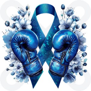 May include: A digital illustration featuring two blue boxing gloves facing each other, with a blue ribbon in the background. White and blue flowers surround the gloves and ribbon, creating a decorative design.