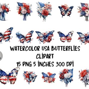 15 superbes cliparts papillons USA aquarelle, 4 juillet Clipart, clipart fête de l'indépendance, clipart papillons USA, papillon USA numérique