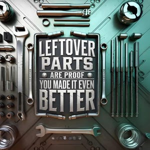 May include: A motivational quote about leftover parts, "Leftover Parts Are Proof You Made It Even Better", displayed on a black sign with white lettering. The sign is surrounded by various metal tools and parts, including wrenches, screwdrivers, and nuts and bolts.