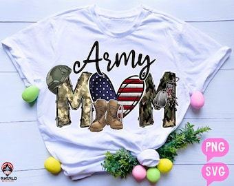 May include: White t-shirt with a camouflage design that spells out "Army Mom". The design includes a heart with an American flag, a military helmet, and boots.