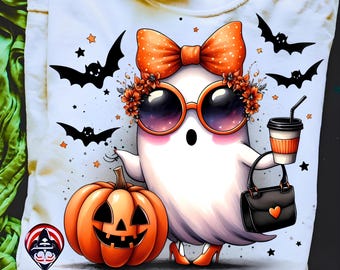 May include: White t-shirt featuring a cartoon ghost with sunglasses, a bow, and a floral crown. The ghost is holding a coffee cup and a purse, and is standing next to a jack-o'-lantern. Bats and stars are scattered around the design.