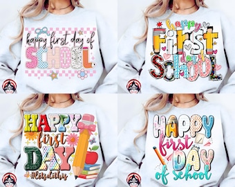 Doodle Happy First Day Of School Preppy 4 - Png Bundle, Teacher Pencil Png, Retro Teacher Png, Teacher Bright Doodles, Back To School Png