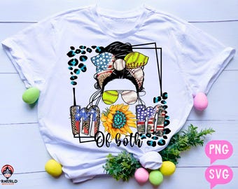 Mãe patriótica de ambos PNG, Mãe de beisebol e softbol SVG 4 de julho, Sublimação para o dia do jogo em vermelho, branco e azul, Design de camisa com laço coquete EUA
