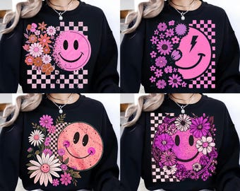 4-Retro Smiley Face Png BUNDLE,Smiley Boho Floral Fall png,Happy Face Motivational Png,Self Love Png,Mental Health Matters Retro Pink png