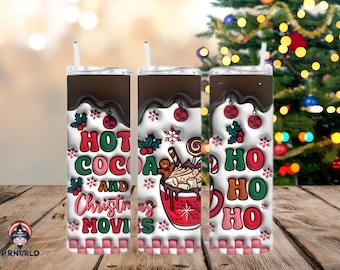 3D Weihnachten heiße Kakao Schokolade Png aufgeblasene Becherverpackung, 20 Unzen und 15 Unzen Becher Sublimationsdesign, 3D geschwollene Nordpol Weihnachtsstimmung Vibes Becherverpackung PNG