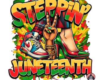 SVG Steppin' into Juneteenth sneaker and heel afro woman png,afro woman png,Juneteenth png,black woman sneakers life png,designs download