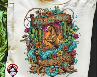 Colourful Wildflowers and a Wild Horses Western PNG, Western Sublimation,Png File, Instant Download, Shirt Design,Western Sublimation design
