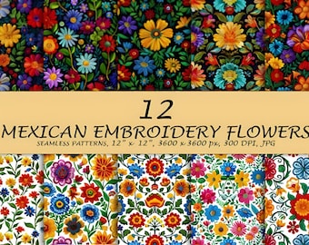 12 motif de broderie mexicaine PNG Fleurs mexicaines PNG Fiesta Party Clipart-aquarelle Clipart floral vibrant broderie Art folklorique mexicain