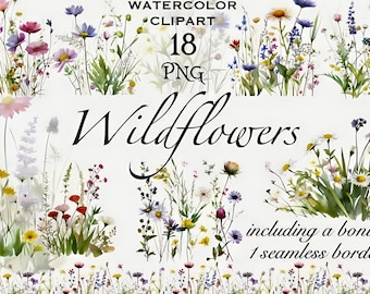 18 imágenes prediseñadas de acuarela de prado de flores silvestres Flores silvestres SVG, SVG floral, SVG de flores silvestres, SVG de boceto de flores, Cricut y silueta 1 BONIFICACIÓN