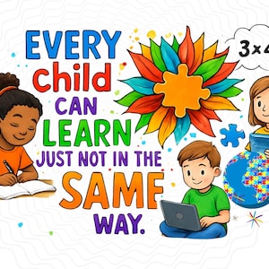 以下が含まれることがあります： 「EVERY child CAN LEARN JUST NOT IN THE SAME WAY」のテキストが入ったイラスト。子供たち、カラフルなパズルの花、地球儀、算数の問題が描かれています。画像は白い背景にカラフルなアクセントがあります。